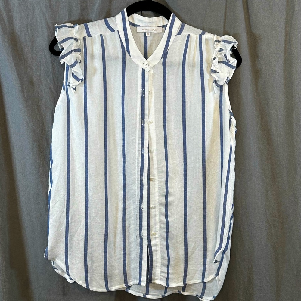 Olivaceous Ruffle Sleeveless Button Down